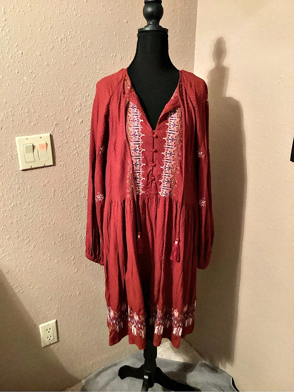 Knox Rose Embroidered Boho Relaxed fit Midi Dress in Red NWT size XL